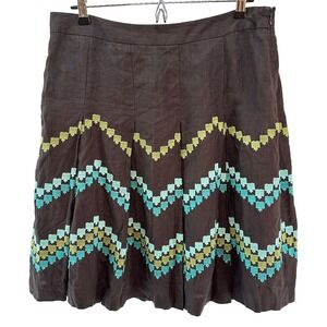 ANN TAYLOR LOFT 100% Linen Boho‎ Embroidered Skirt • 14 P • chocolate brown